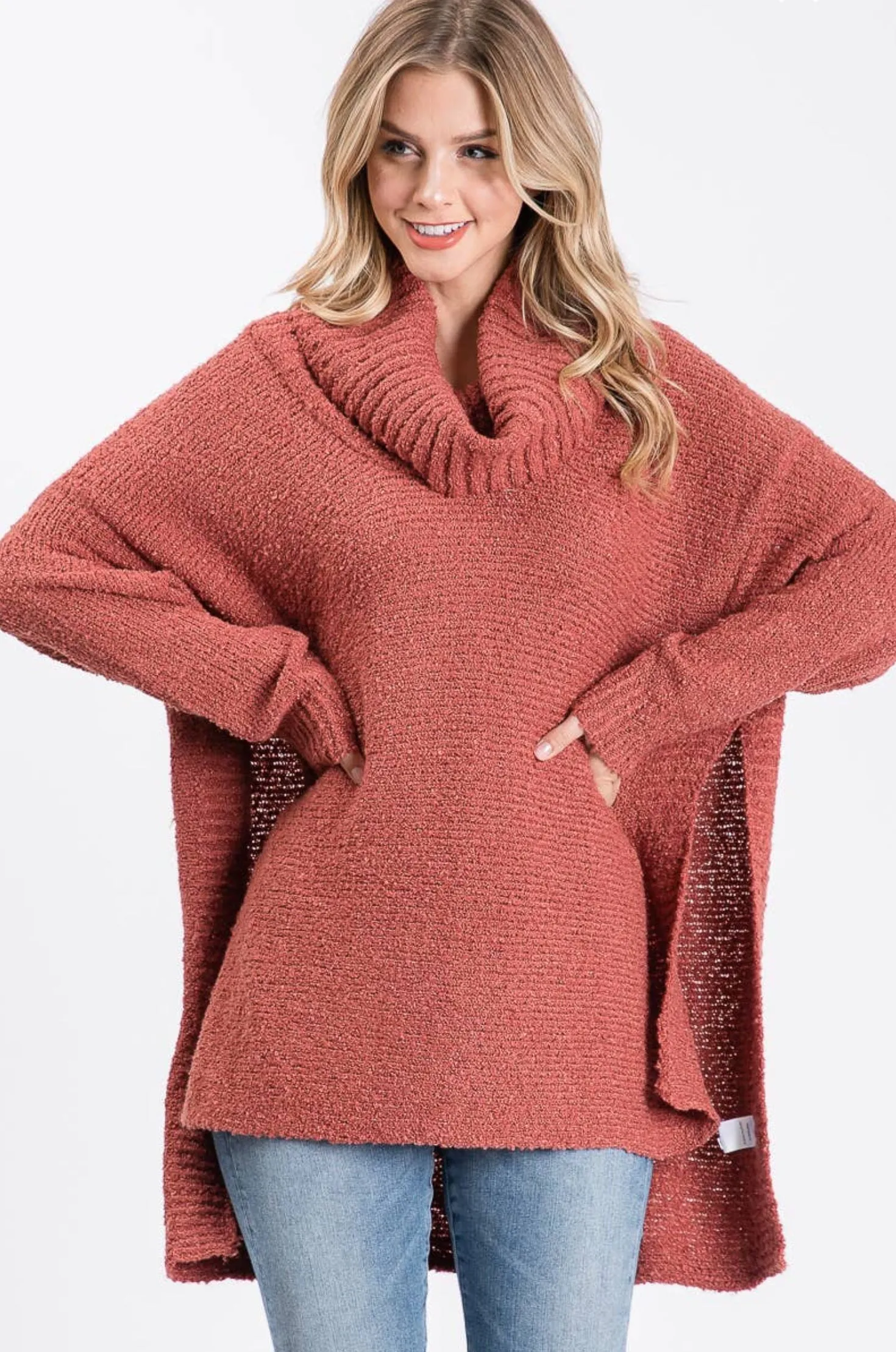 Allie Rose Cognac High Low Multi-Wear Cowl Tunic Sweater