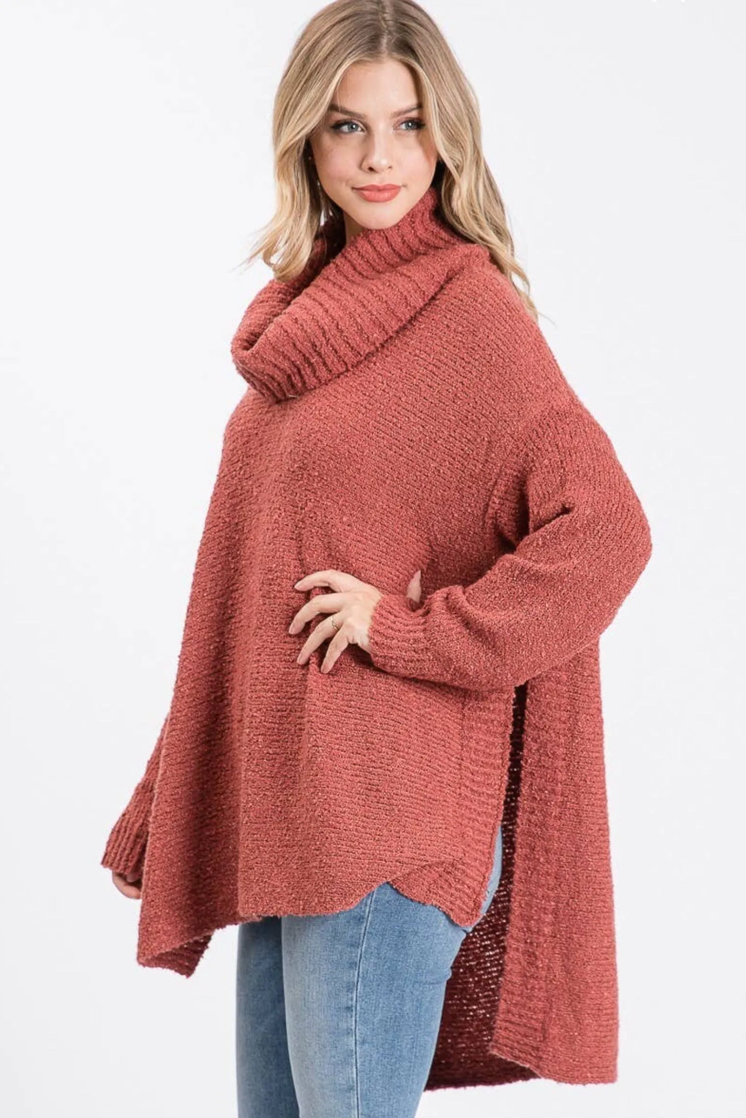 Allie Rose Cognac High Low Multi-Wear Cowl Tunic Sweater