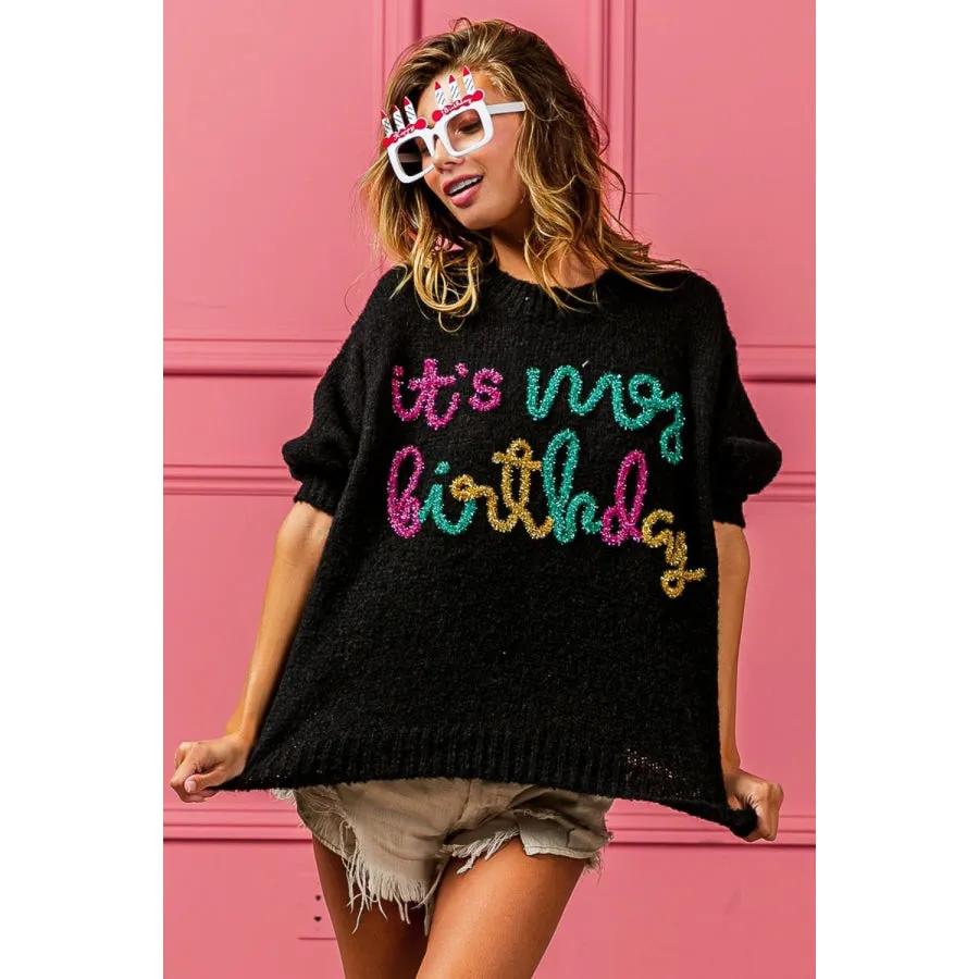 BiBi Metallic Letter Puff Sleeve Hairy Sweater