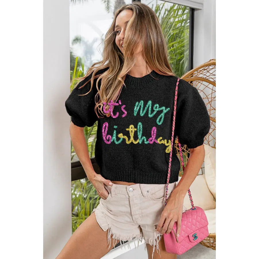 BiBi Metallic Letter Puff Sleeve Hairy Sweater