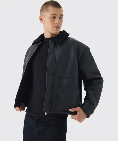 boohoo Mens Bm Embossed Borg Collar Harrington Jacket