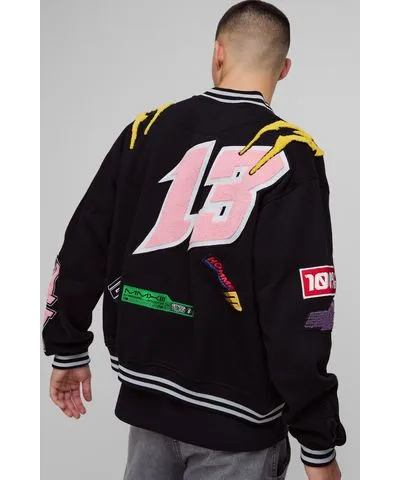 boohoo Mens Oversized Boxy Varsity Applique Bomber Jacket