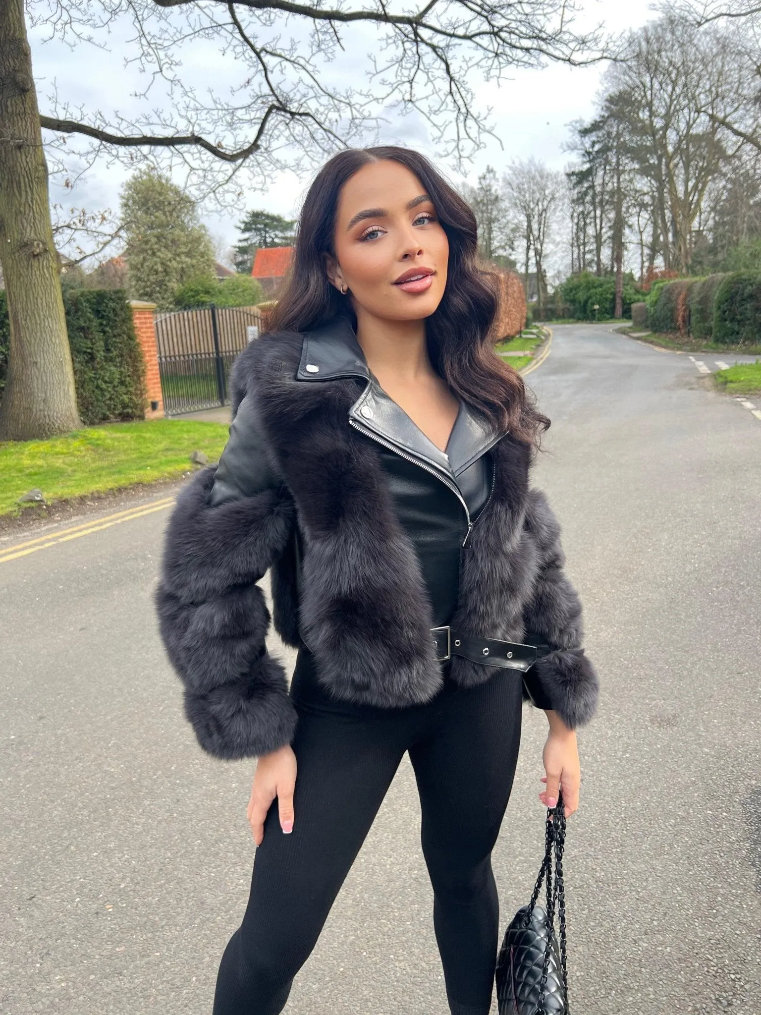 Charcoal Luxury Fur Biker Style Jacket