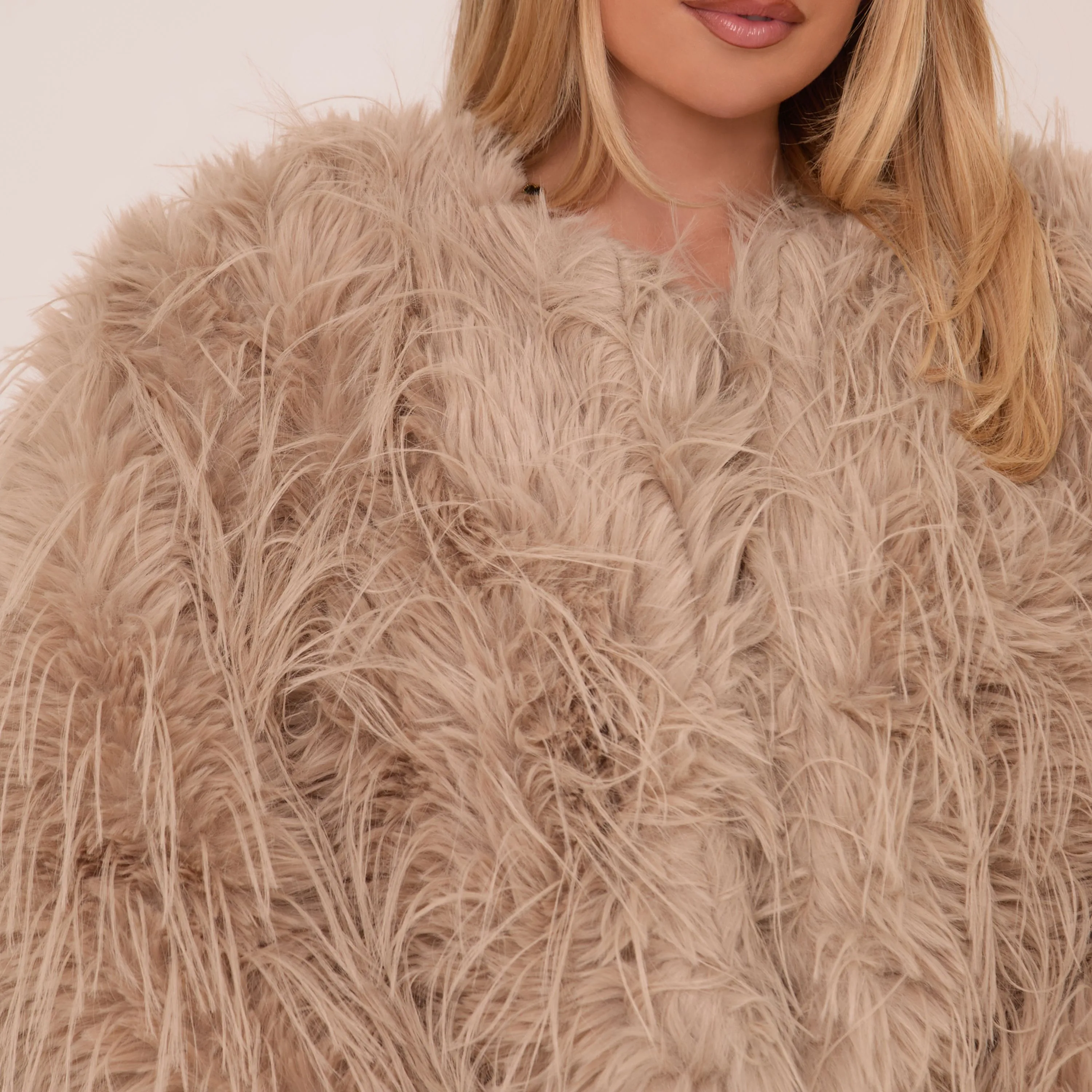 Collarless Coat In Brown Faux Feather Fur Coat