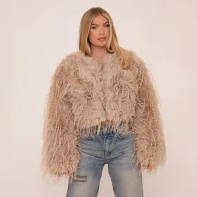 Collarless Coat In Brown Faux Feather Fur Coat