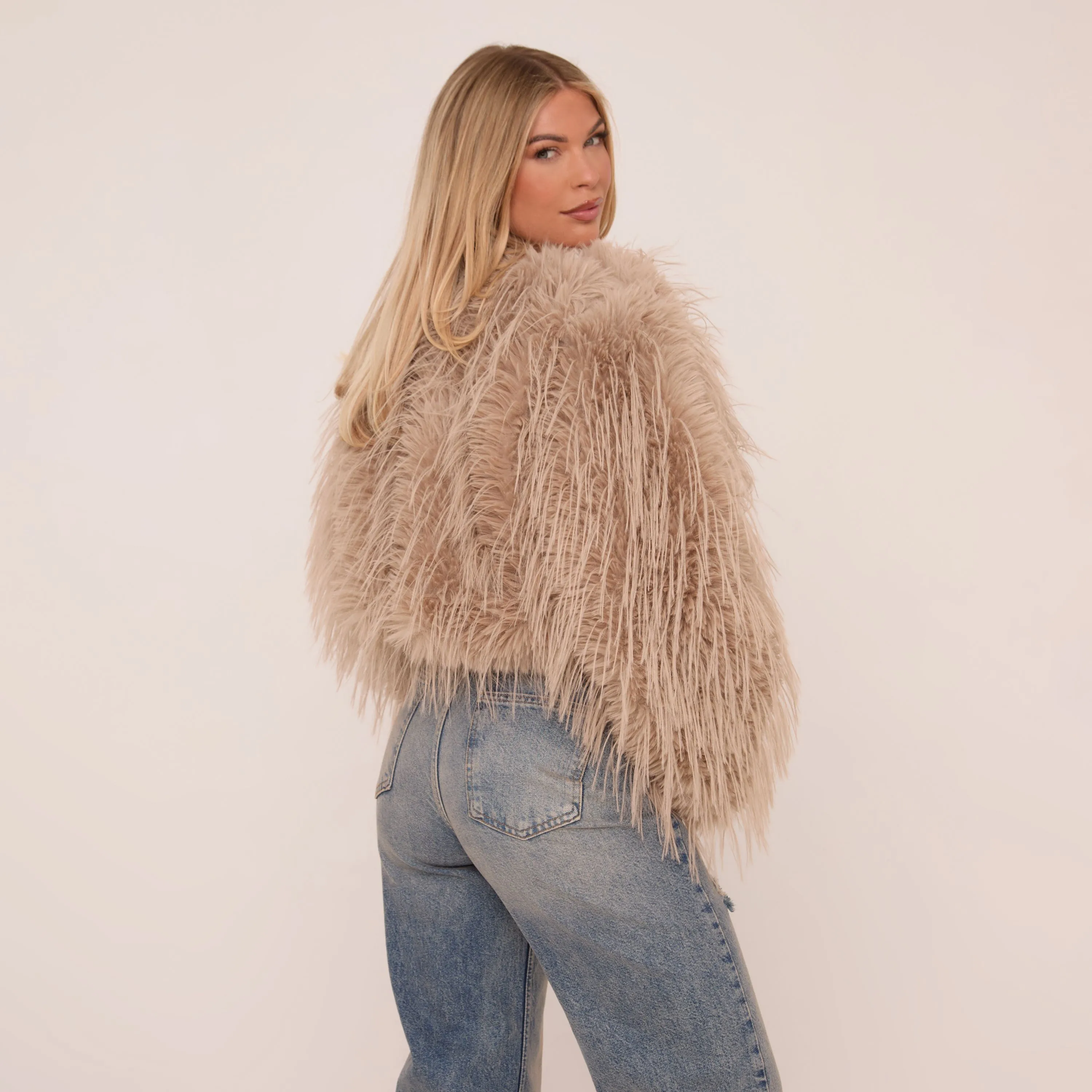 Collarless Coat In Brown Faux Feather Fur Coat