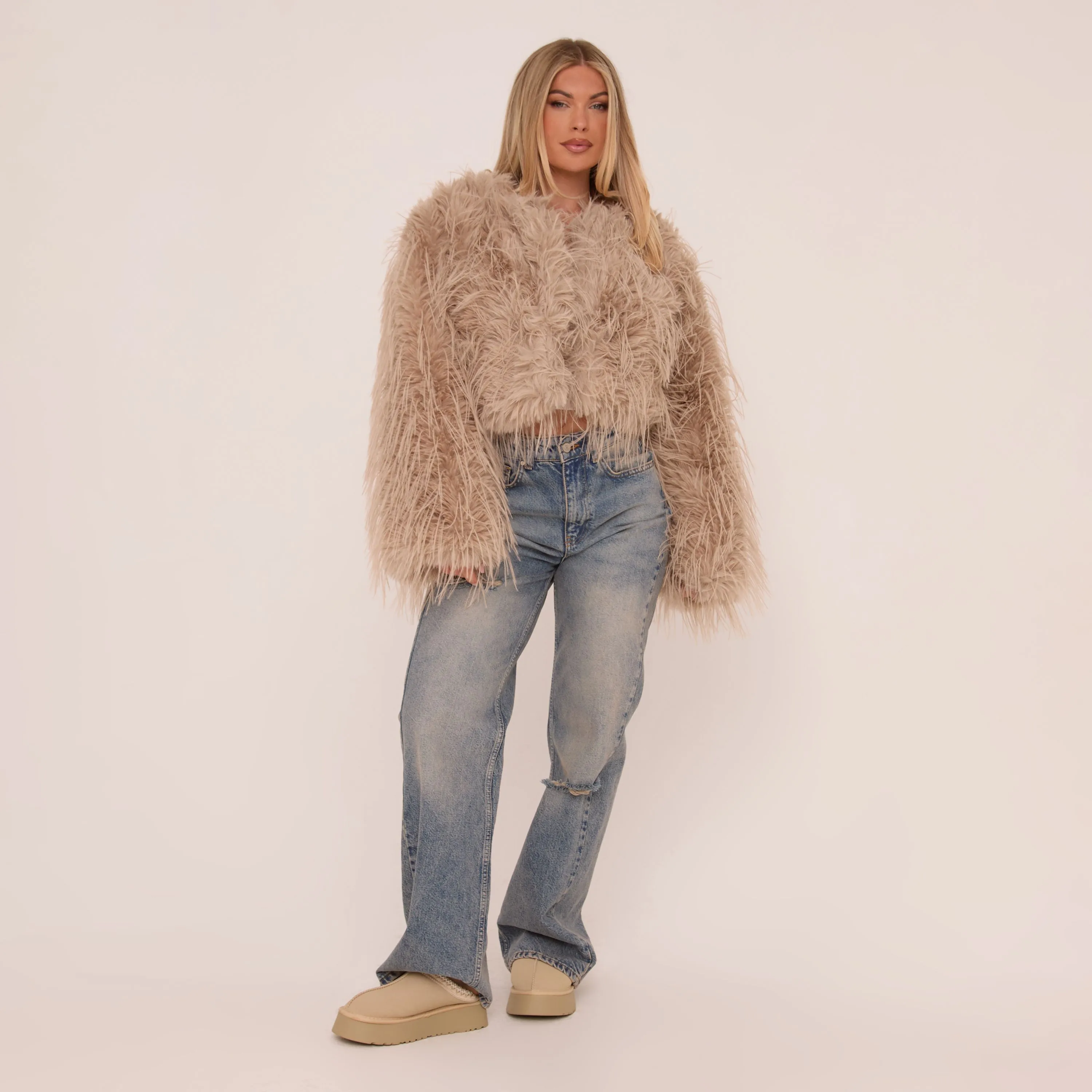 Collarless Coat In Brown Faux Feather Fur Coat