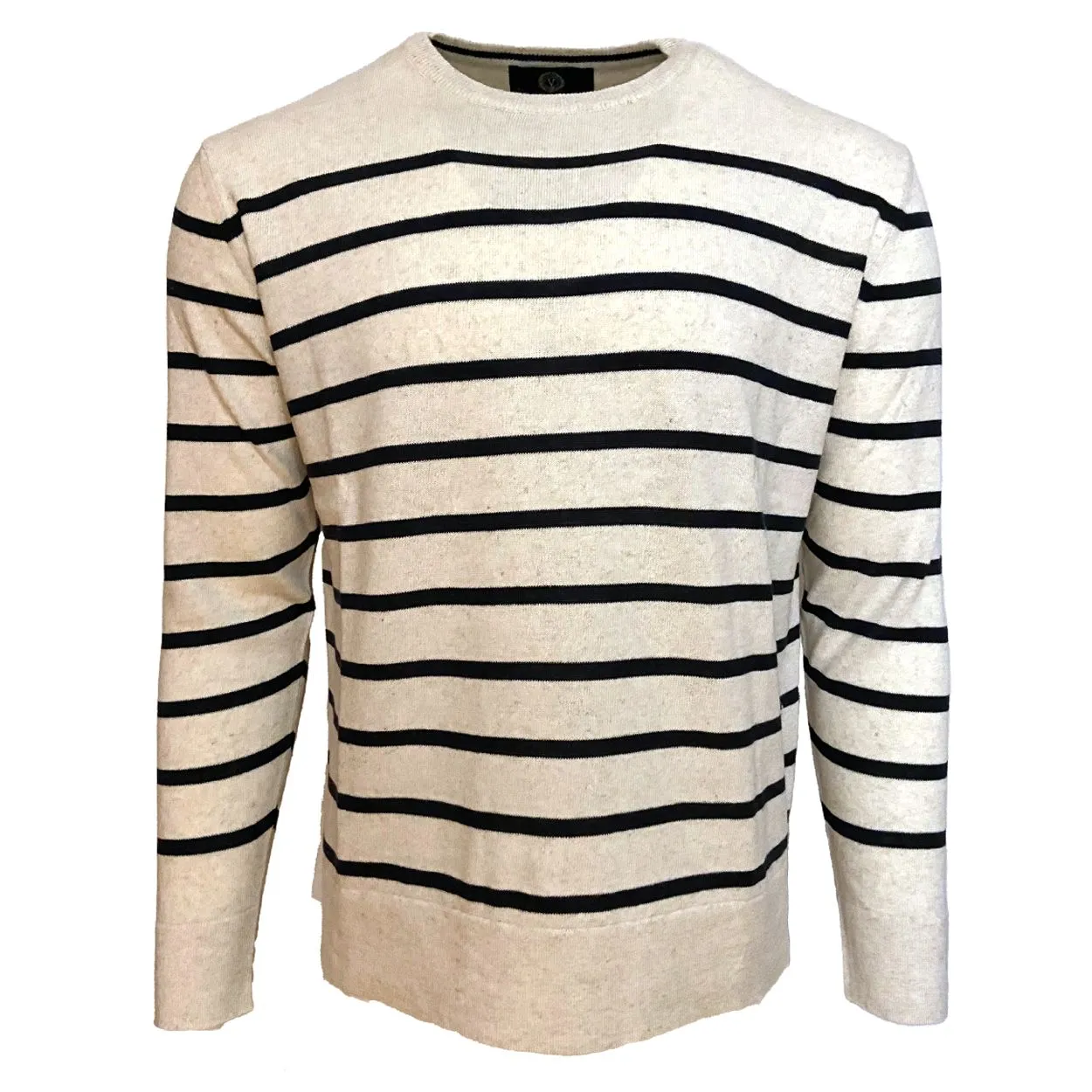 Cotton and Linen Blend Lightweight Stripe Crew Neck Sweater in Parchment by Viyella