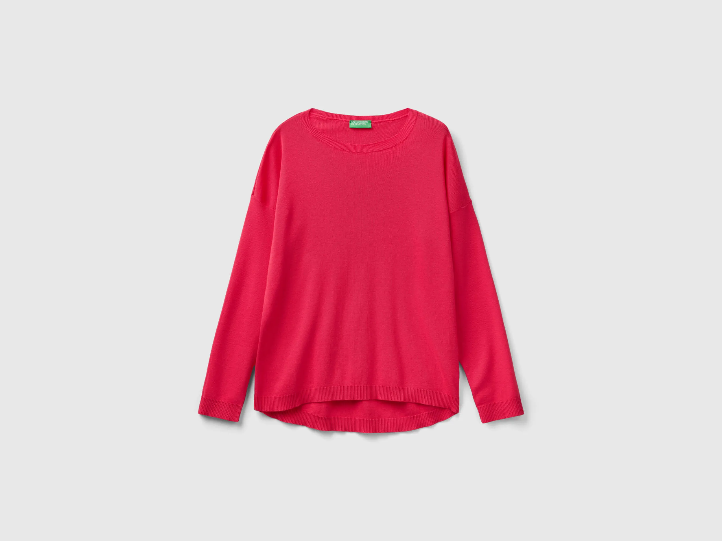 Cotton sweater with round neck - Fuchsia | Benetton