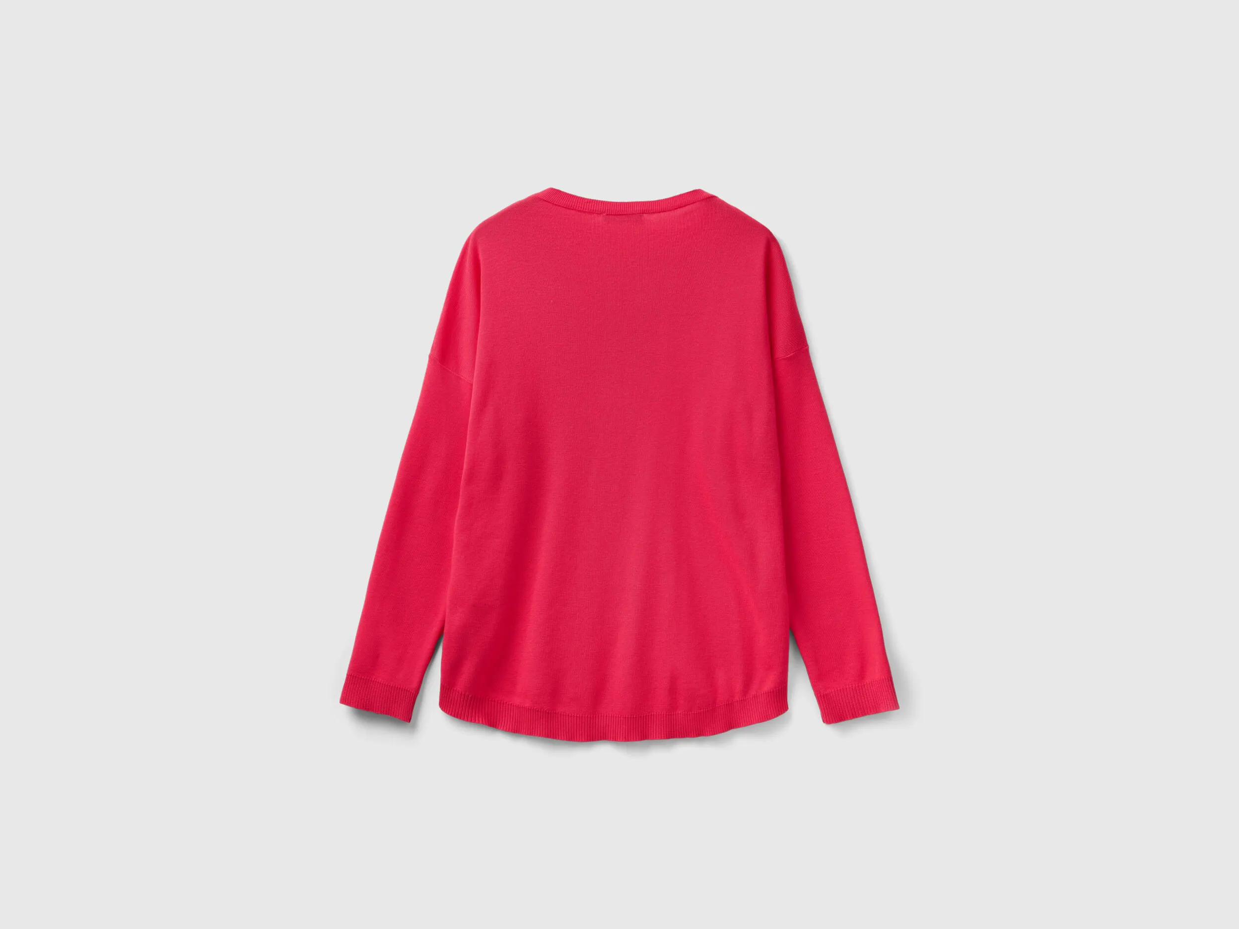 Cotton sweater with round neck - Fuchsia | Benetton