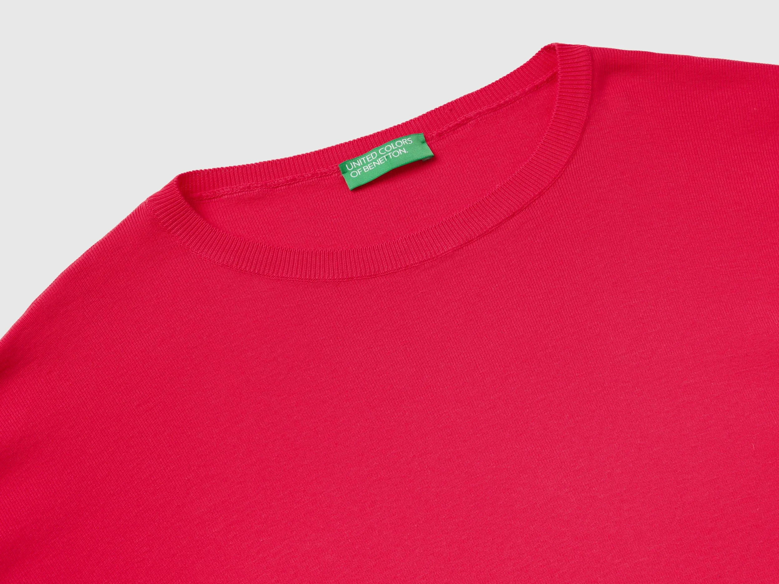 Cotton sweater with round neck - Fuchsia | Benetton