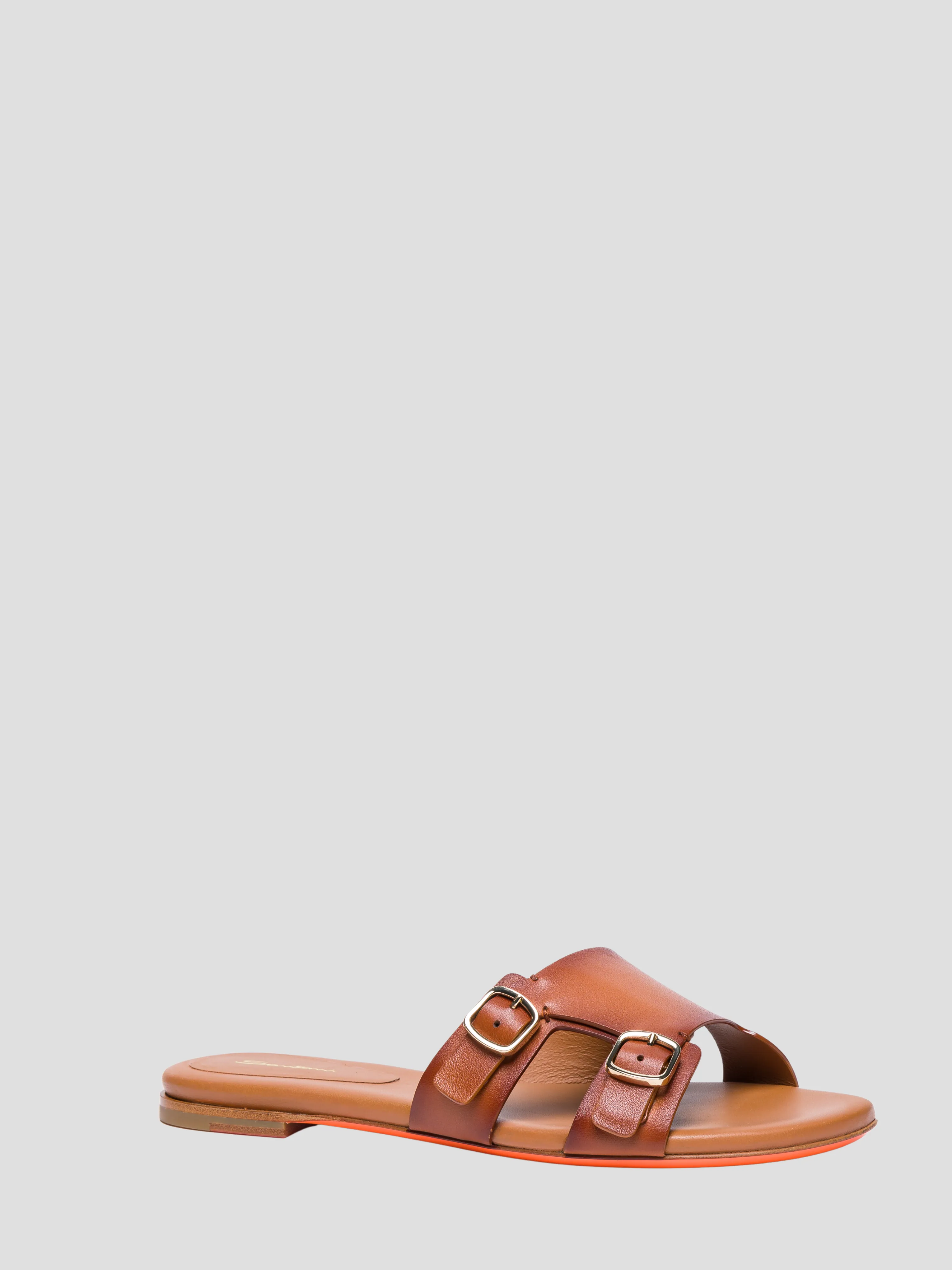 Double Buckle Flat Sandal in Brown