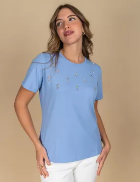 Elena Mirò - T-shirt con ricamo floreale azzurro