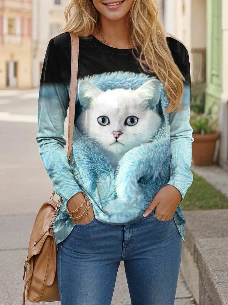 Festive Cat 3D Print Women's Long Sleeve T-Shirt