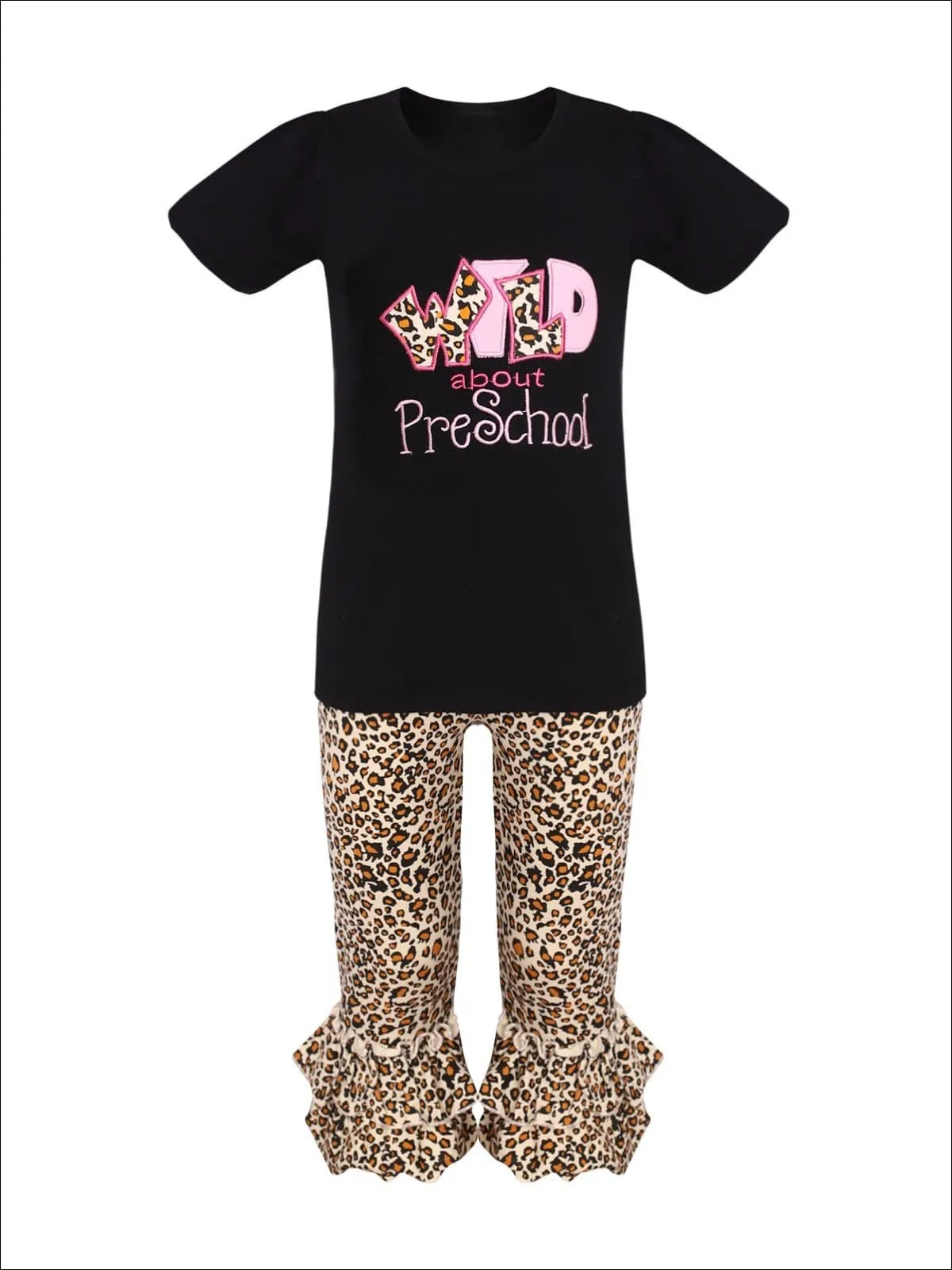 Girls 1st Day of School 1st Day of School Wild About Preschool Top And Animal Print Flared Ruffled Legging Set