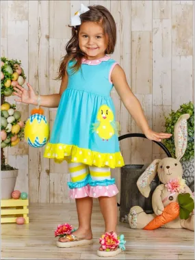 Girls Easter Cutie Ruffled Tunic And Striped Capri Legging Set