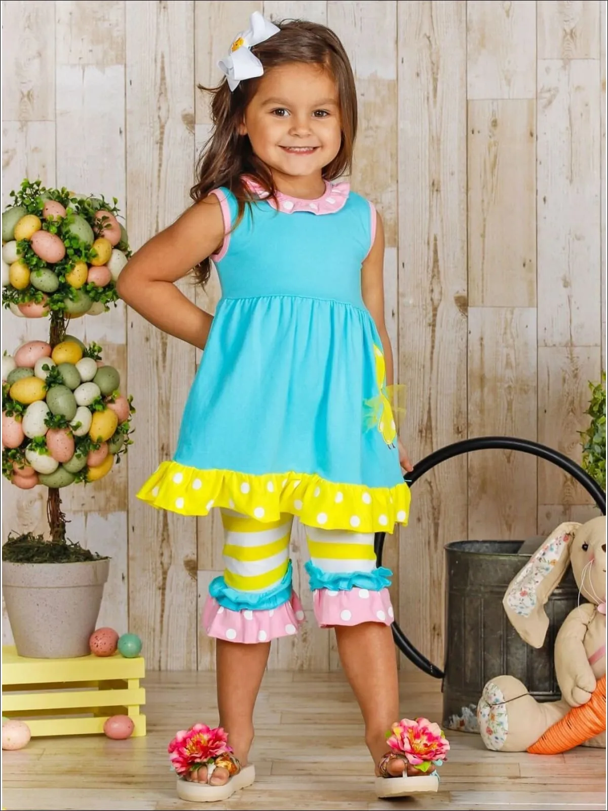 Girls Easter Cutie Ruffled Tunic And Striped Capri Legging Set