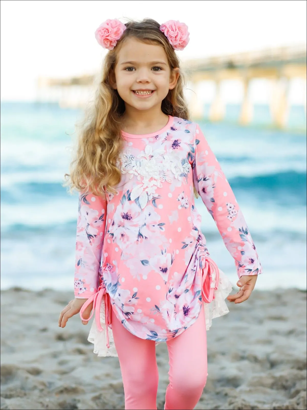 Girls Rose Print Long Sleeve Hi-Lo Drawstring Lace Tunic And Matching Legging Set