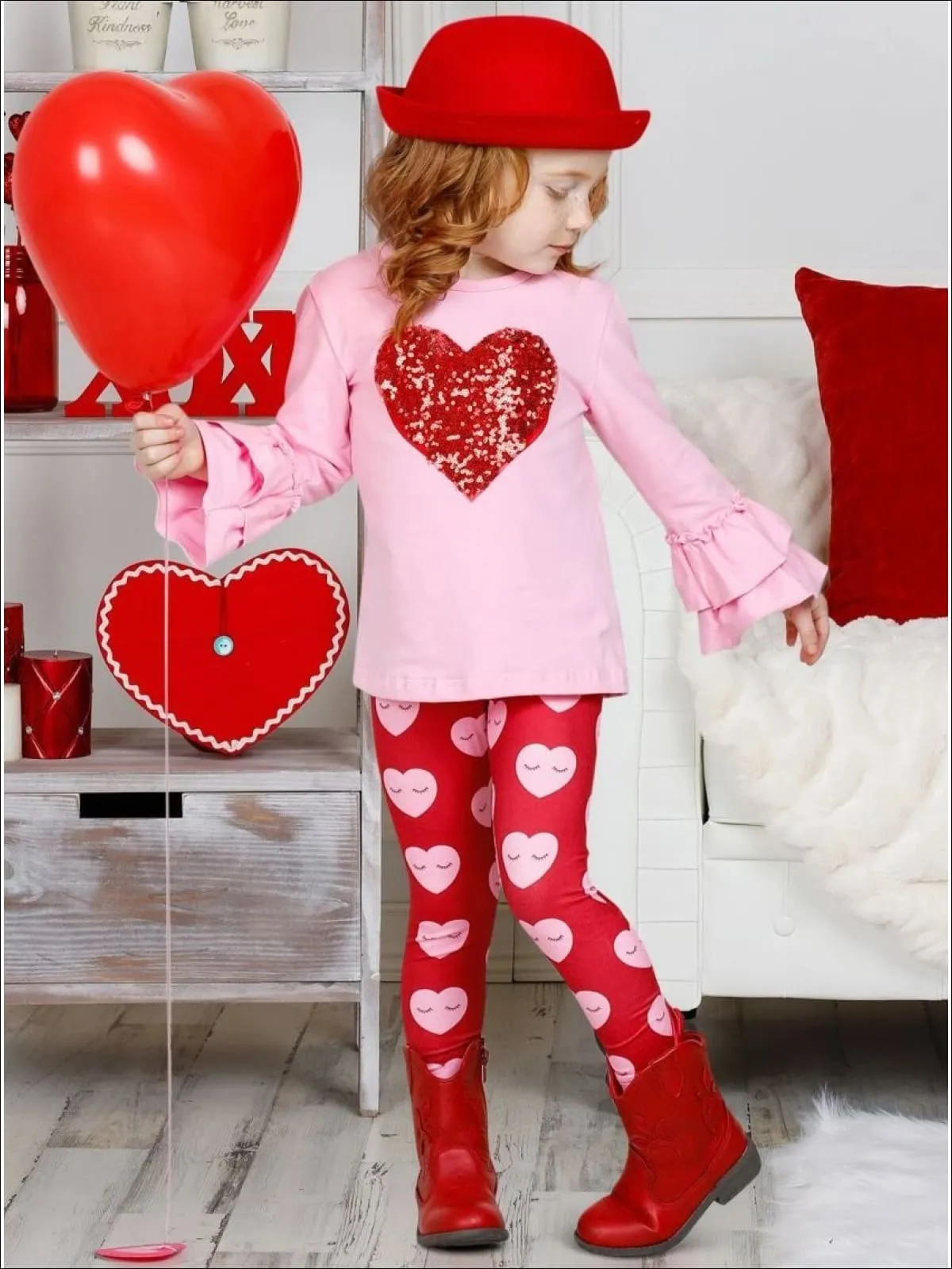 Girls Ruffled Sequin Heart Tunic and Sleepy Hearts Legging Set