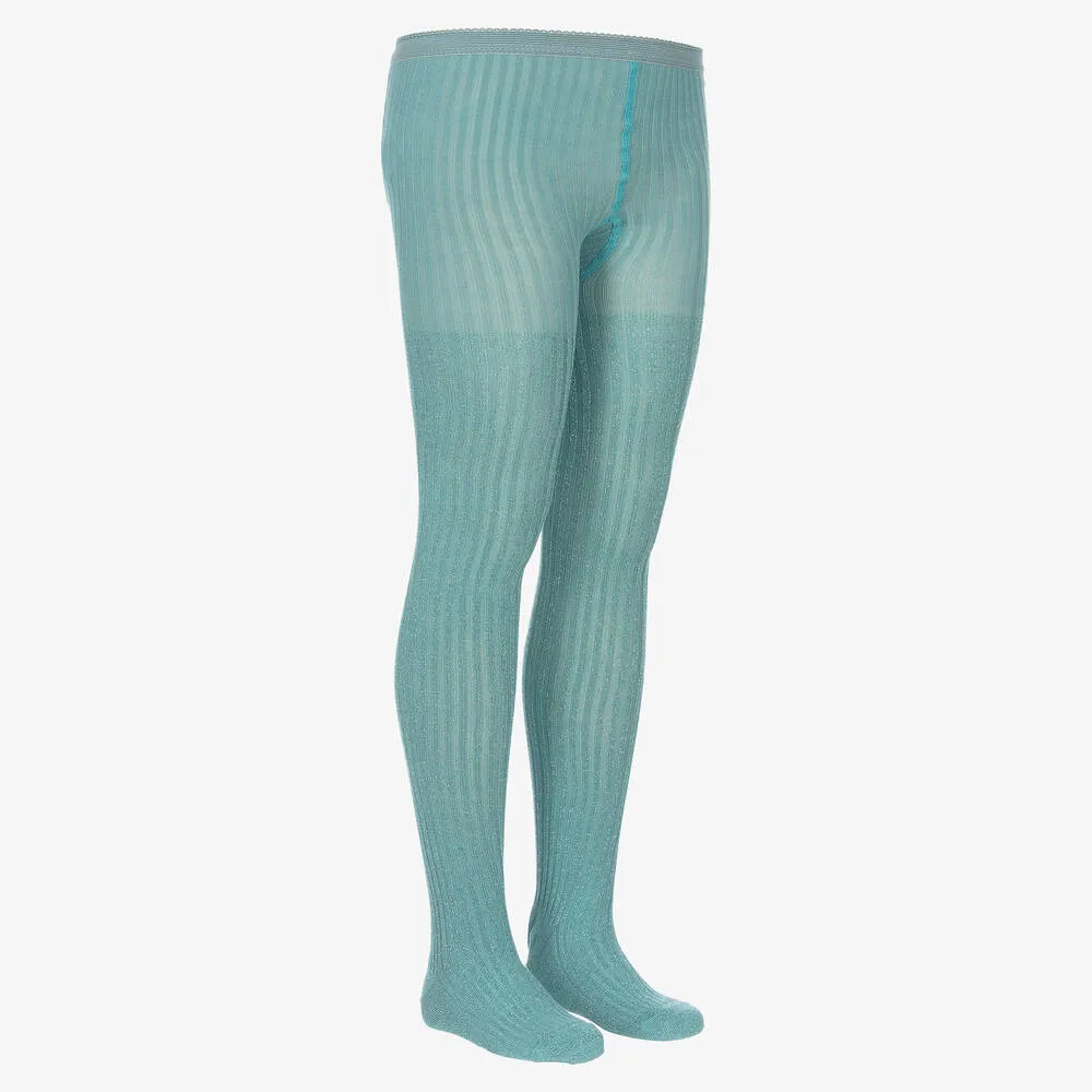 Girls Sparkly Blue Ribbed Tights