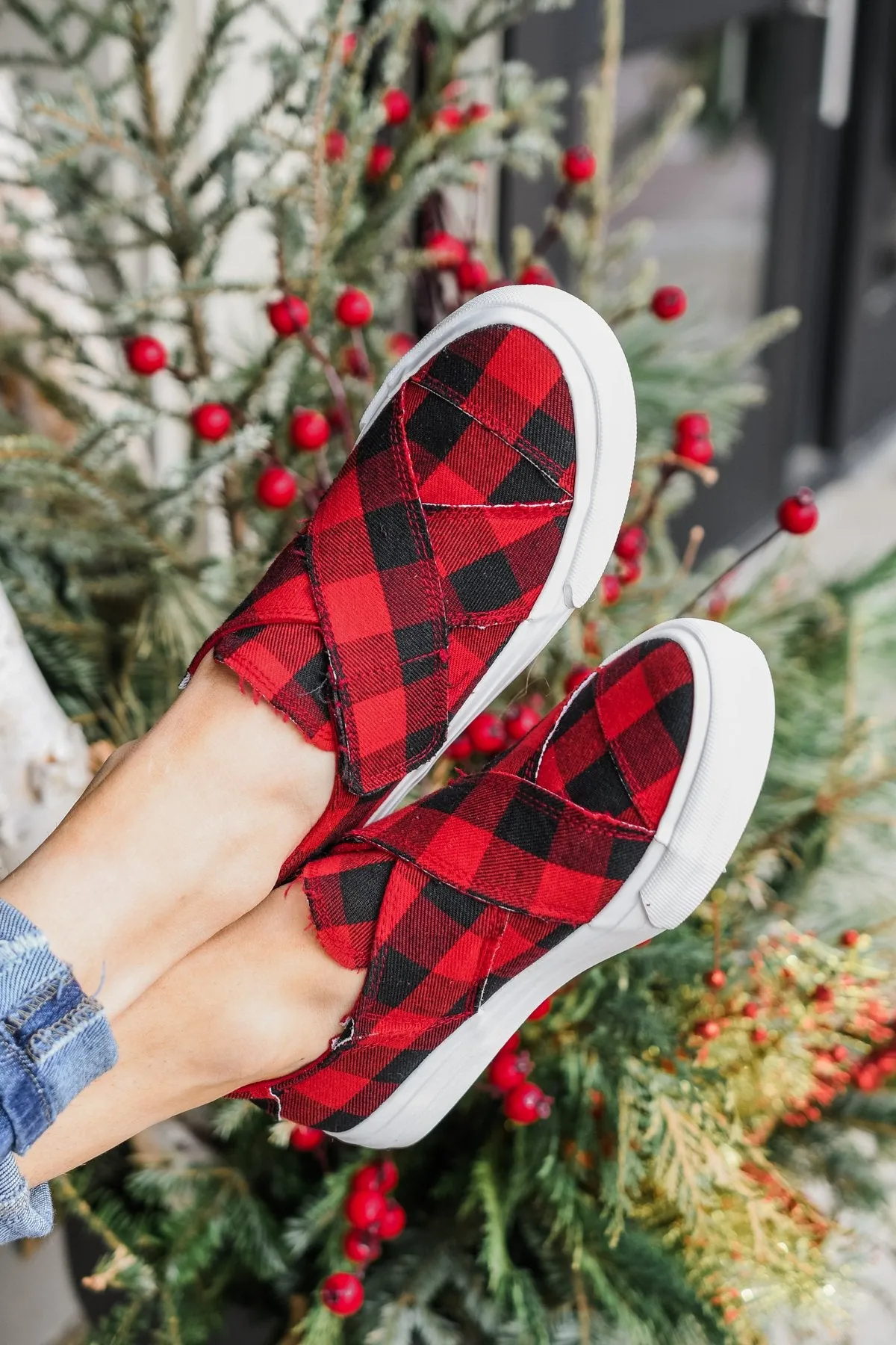 Gypsy Jazz Plaid Along Sneakers- Red Buffalo Plaid