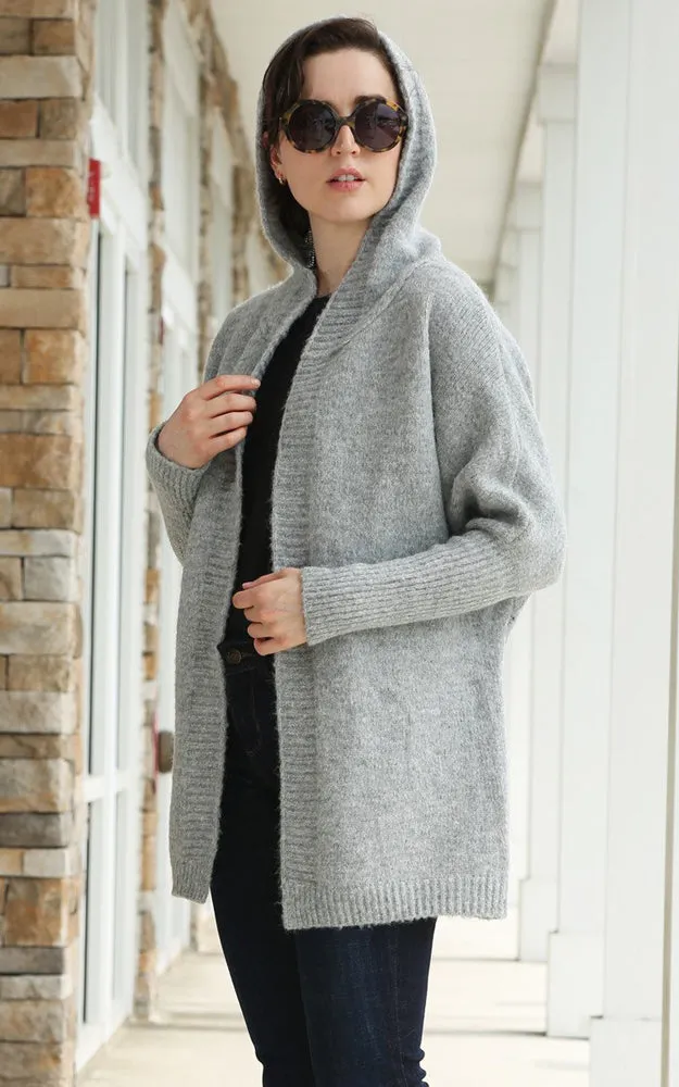 JP2196 Solid Color Knitted Cardigan w/Hood & Ribbed Edge