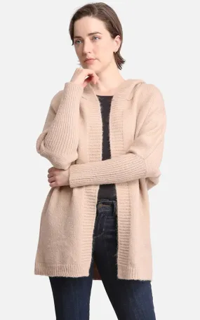 JP2196 Solid Color Knitted Cardigan w/Hood & Ribbed Edge