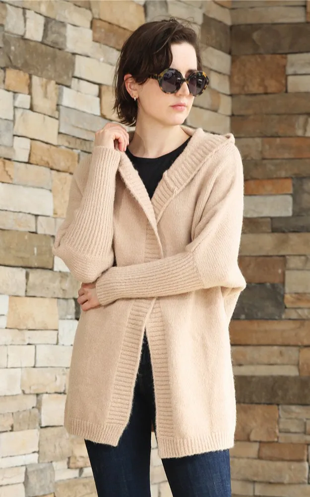 JP2196 Solid Color Knitted Cardigan w/Hood & Ribbed Edge