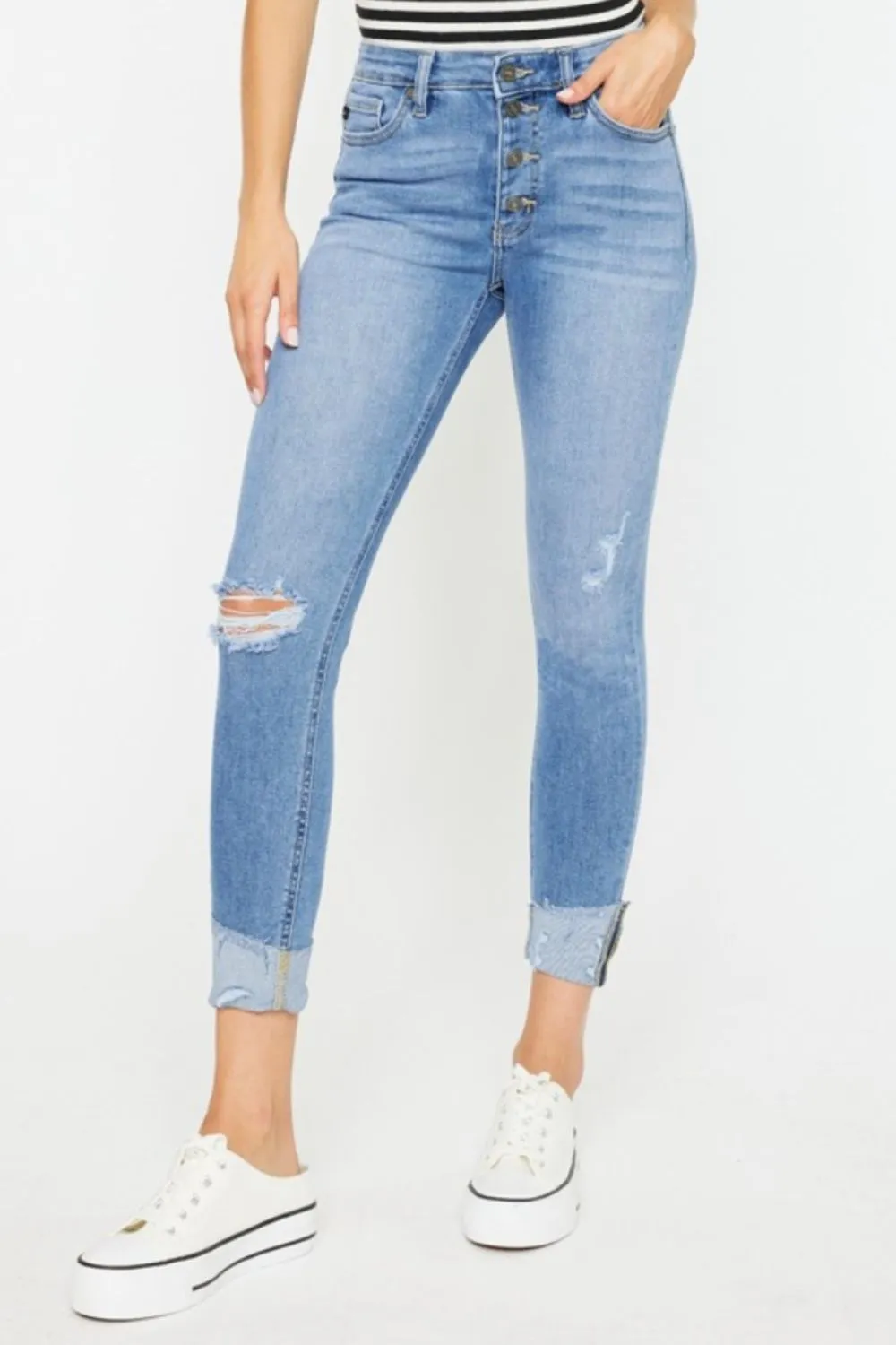 Kan Can Distressed Cat's Whiskers Button Fly Jeans