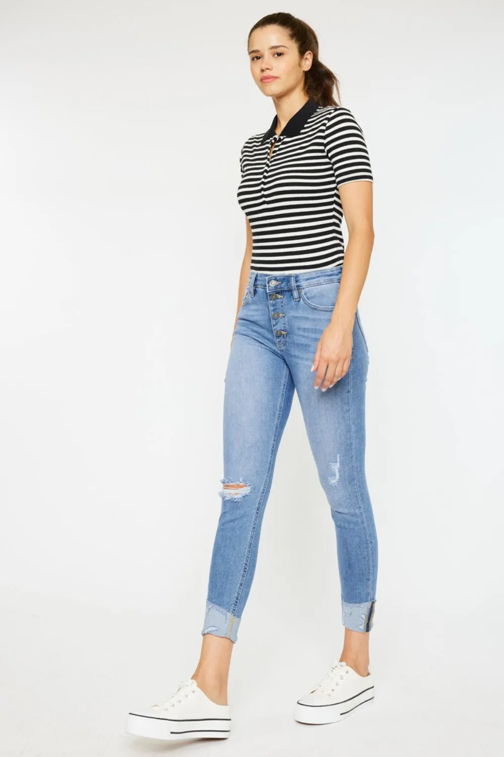 Kan Can Distressed Cat's Whiskers Button Fly Jeans