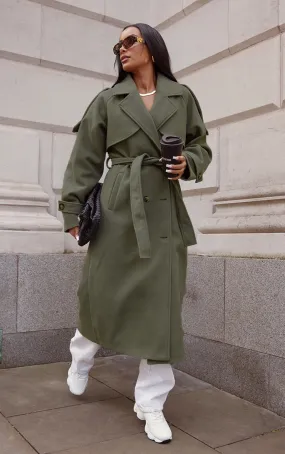 Khaki Oversized Double Breasted Military Trim Coat