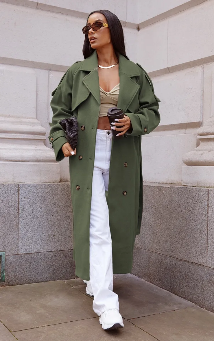 Khaki Oversized Double Breasted Military Trim Coat