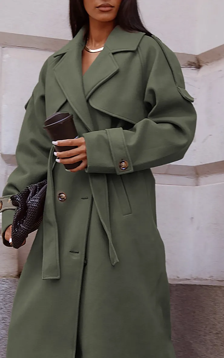 Khaki Oversized Double Breasted Military Trim Coat