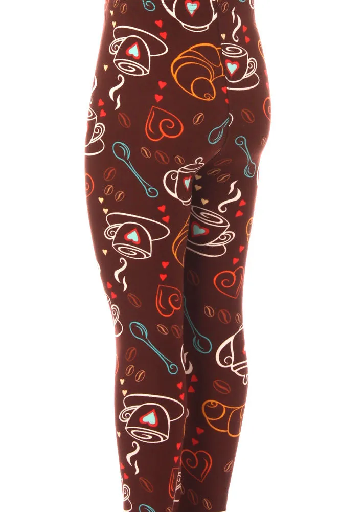 Kid's Colorful Coffee Tea Baguette Pattern Printed Leggings