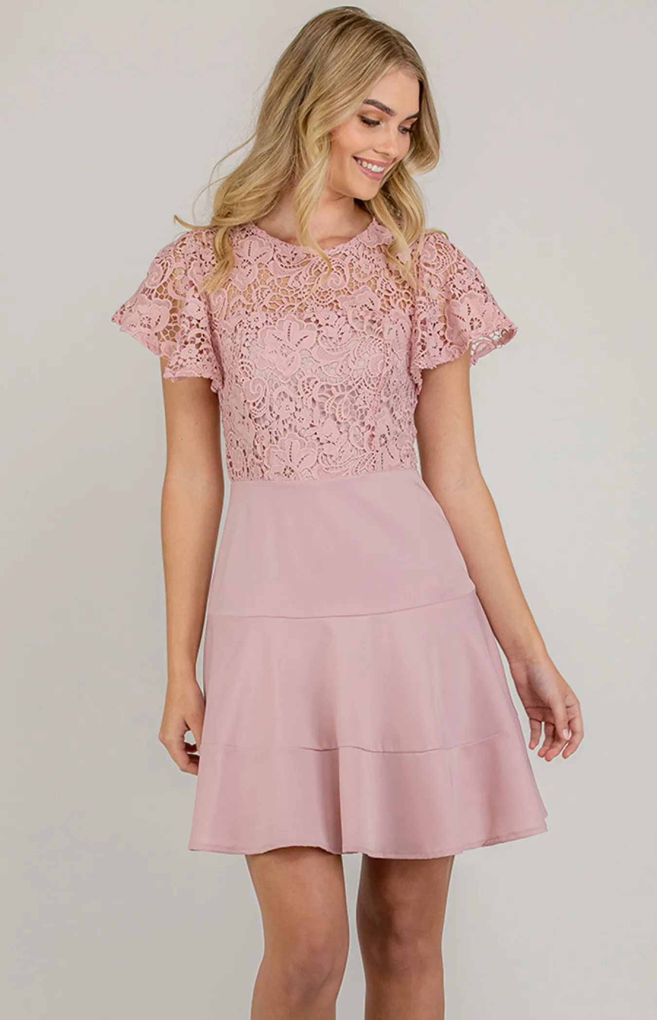 Lace Contrast Dress with Butterfly Sleeves (ADR989B) 