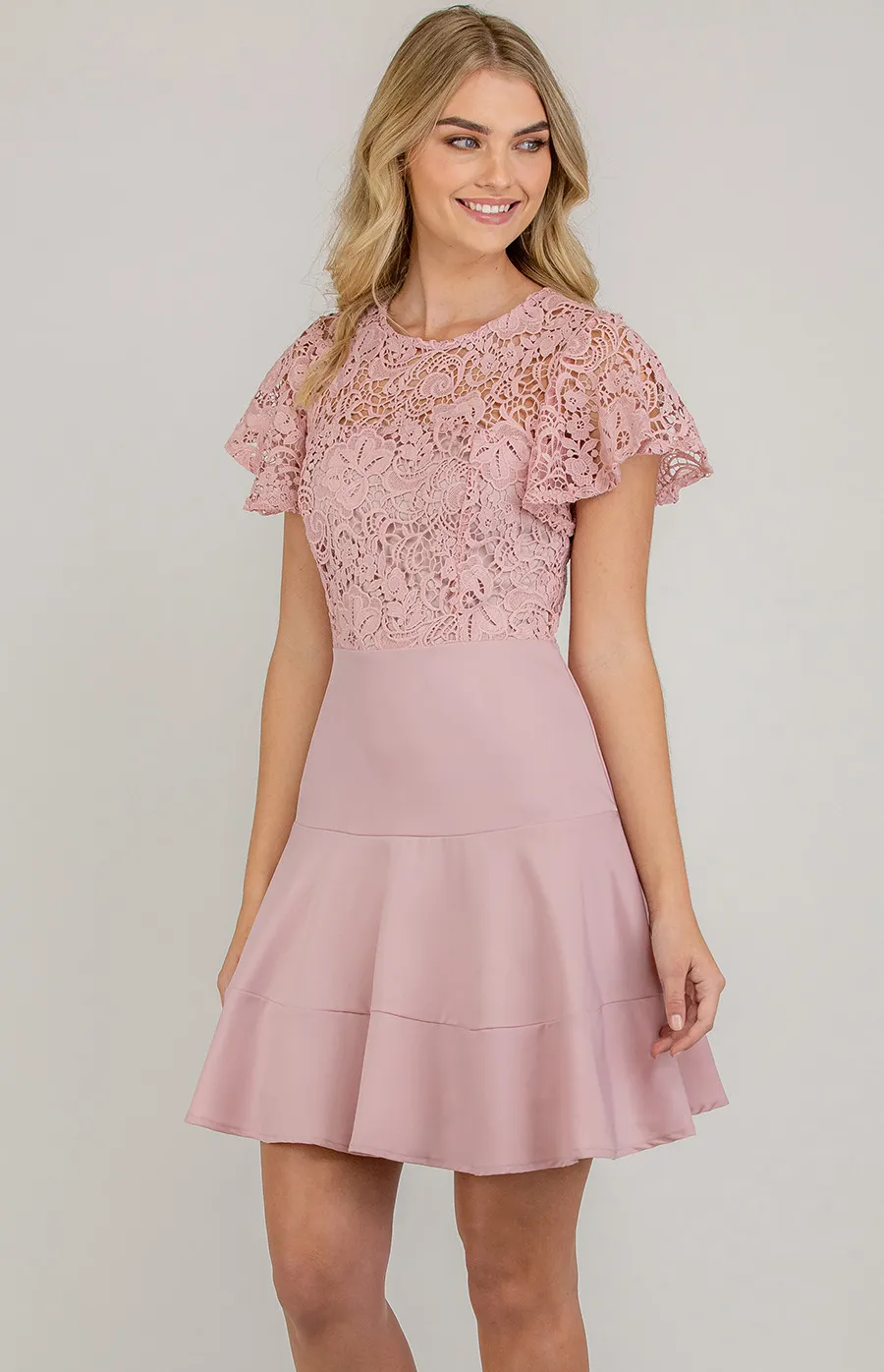 Lace Contrast Dress with Butterfly Sleeves (ADR989B) 