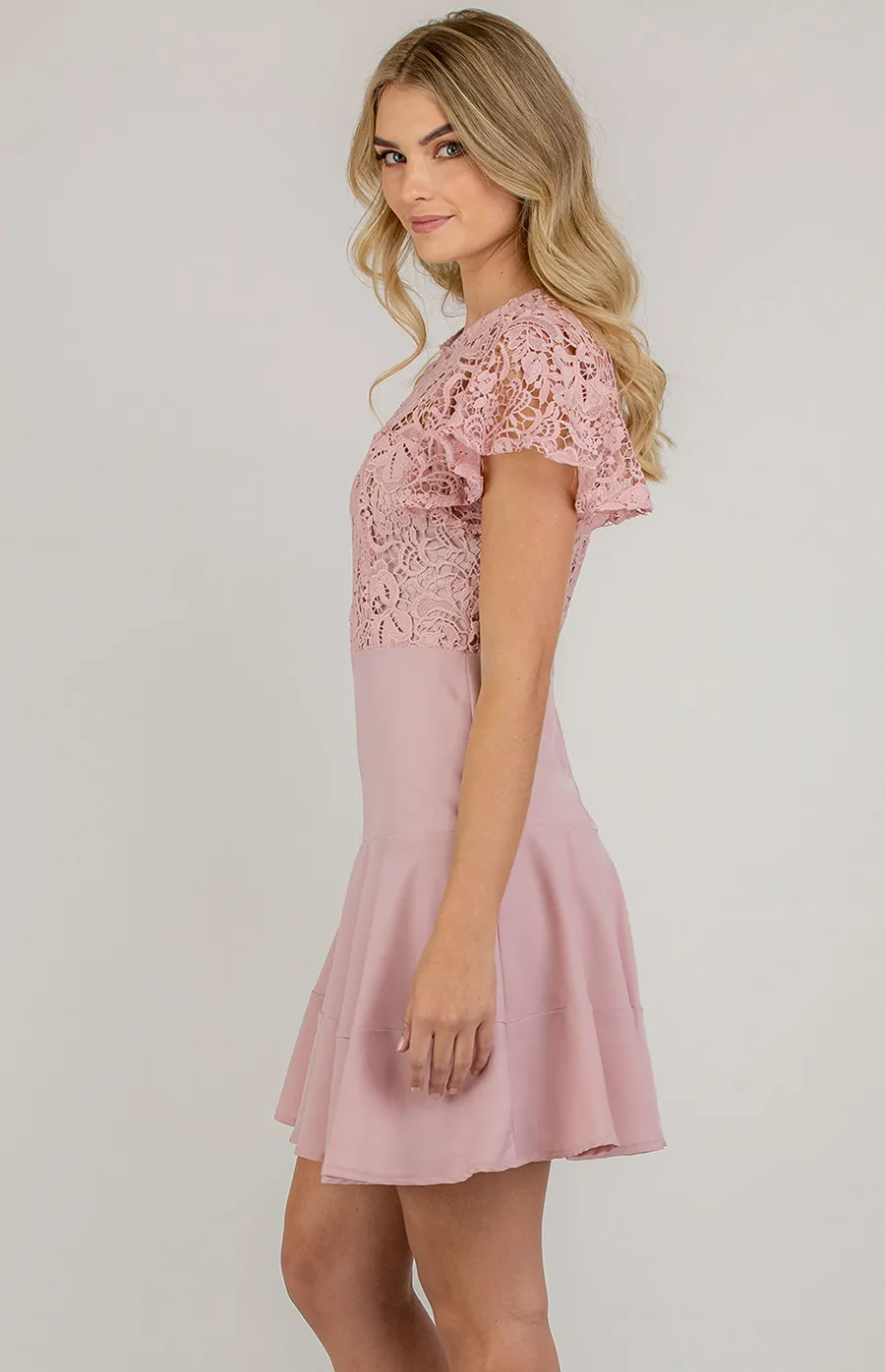 Lace Contrast Dress with Butterfly Sleeves (ADR989B) 