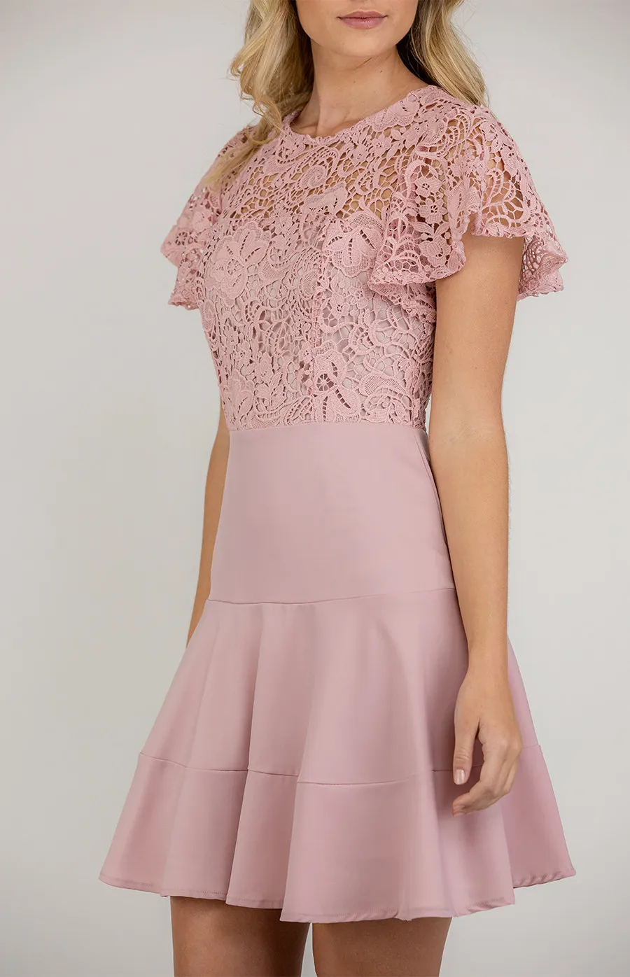 Lace Contrast Dress with Butterfly Sleeves (ADR989B) 