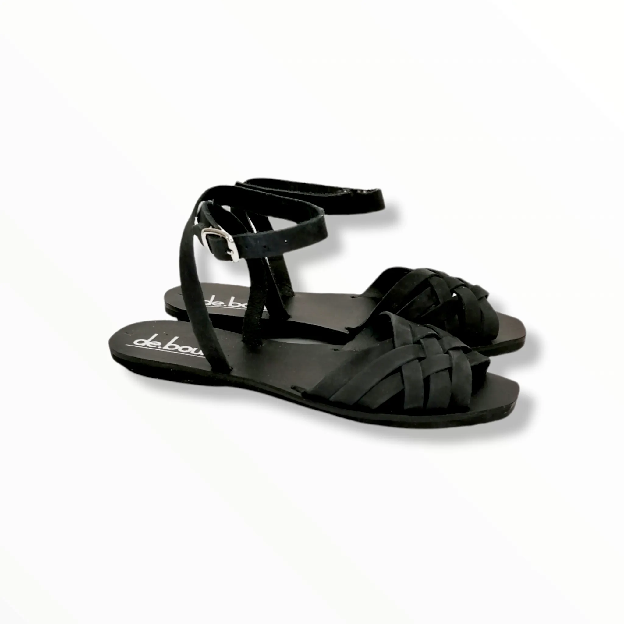 MYRTO BLACK FLAT LEATHER SANDALINAS