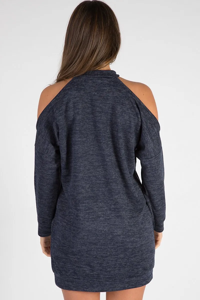 Navy Soft Cold Shoulder Jumper Dress - Tina