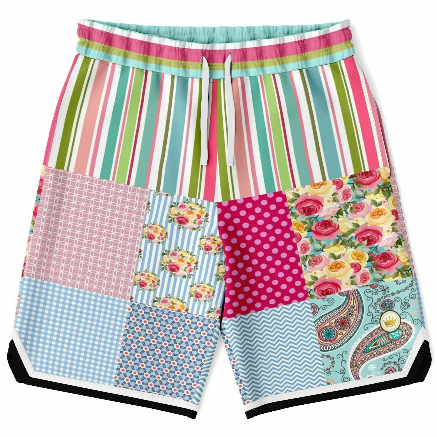 Pink Sherbert Floral Patchwork Plaid Basketball Shorts