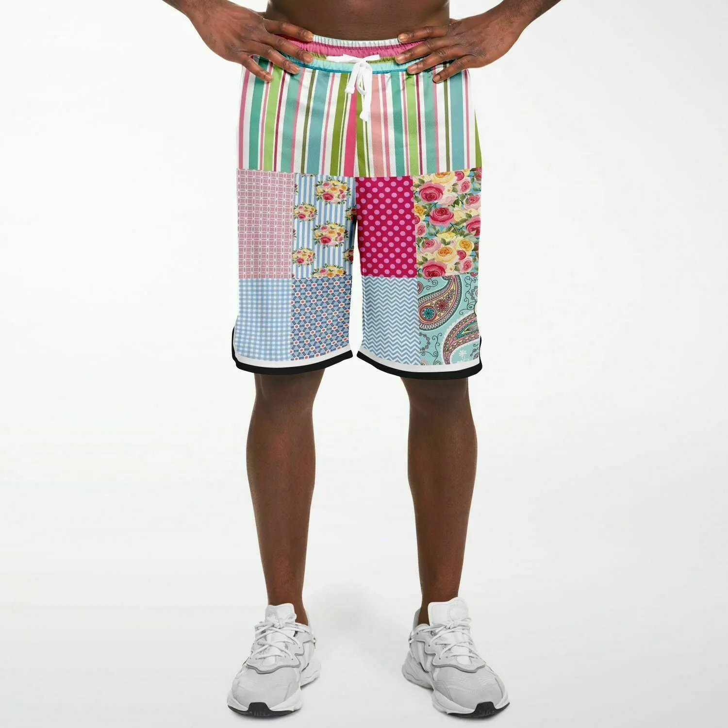 Pink Sherbert Floral Patchwork Plaid Basketball Shorts