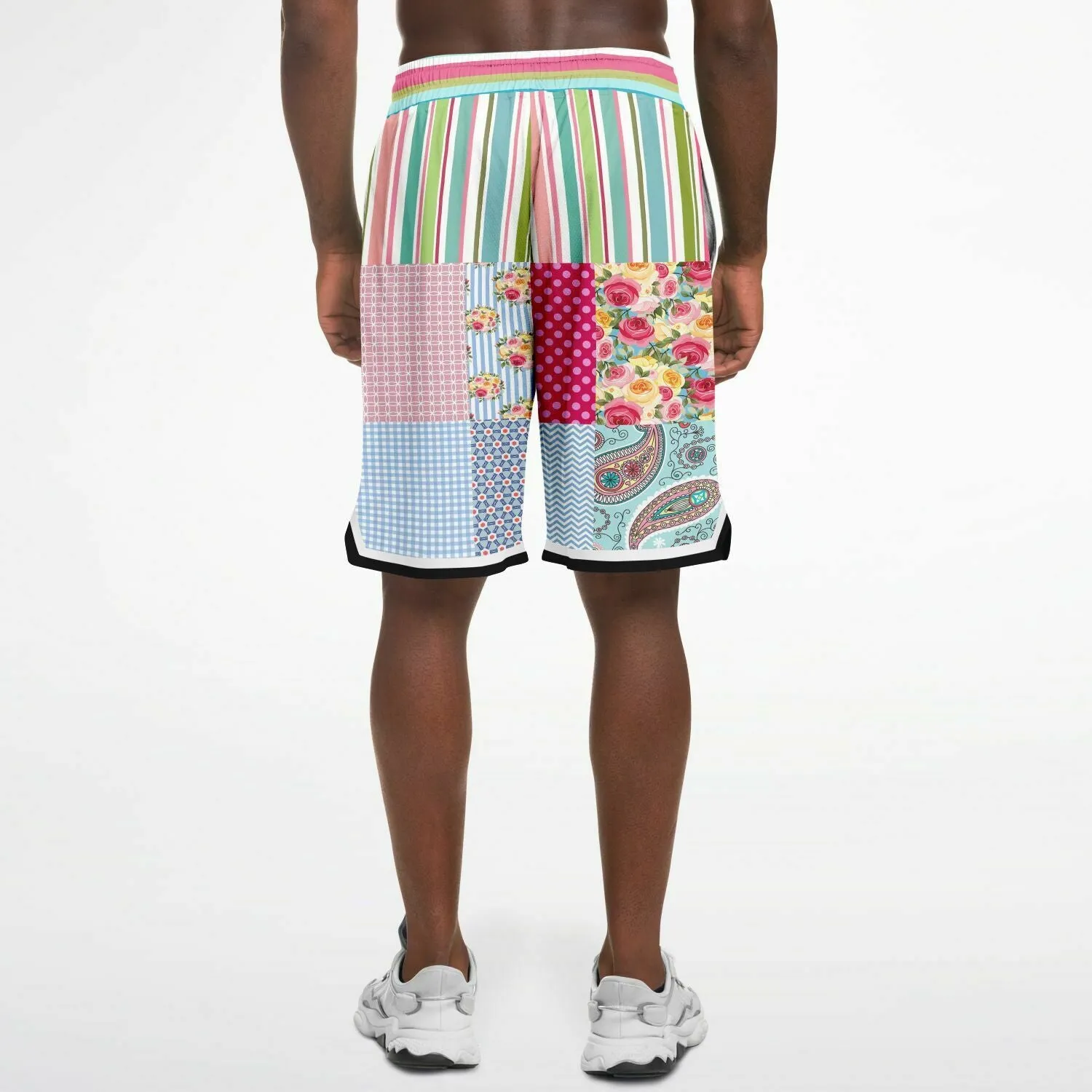 Pink Sherbert Floral Patchwork Plaid Basketball Shorts