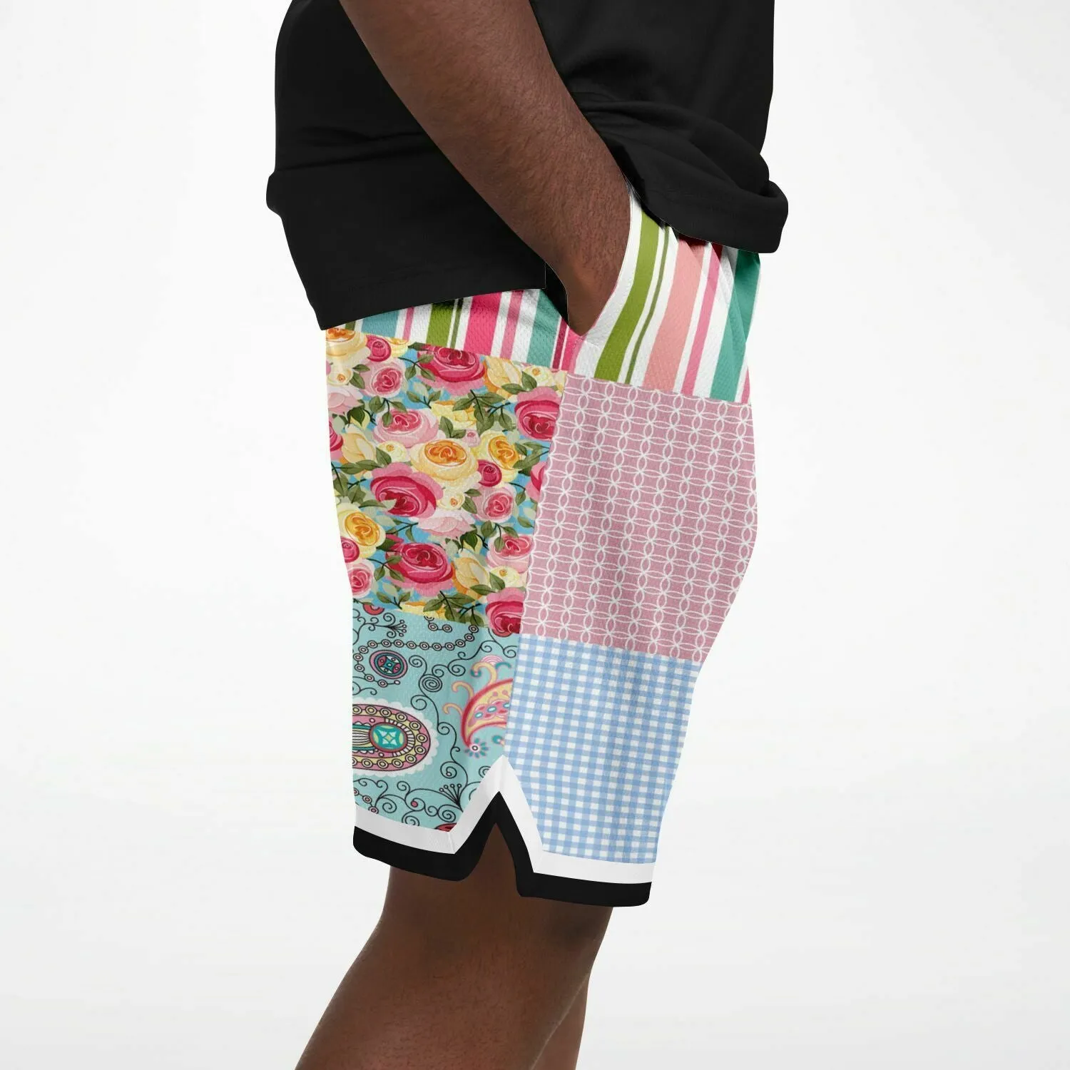 Pink Sherbert Floral Patchwork Plaid Basketball Shorts