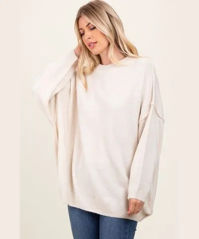 PinkBlush Cream Oversized Crewneck Melange Knit Sweater