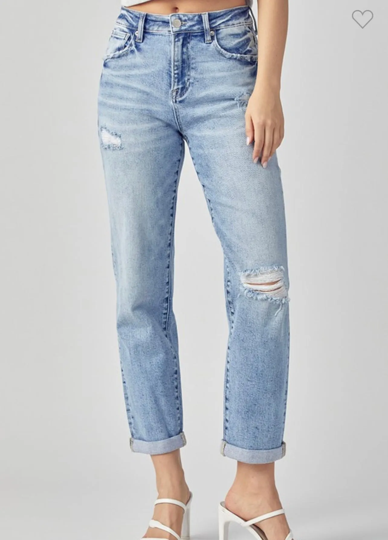 Risen Stone Wash Boyfriend Jean with Roll up Hem