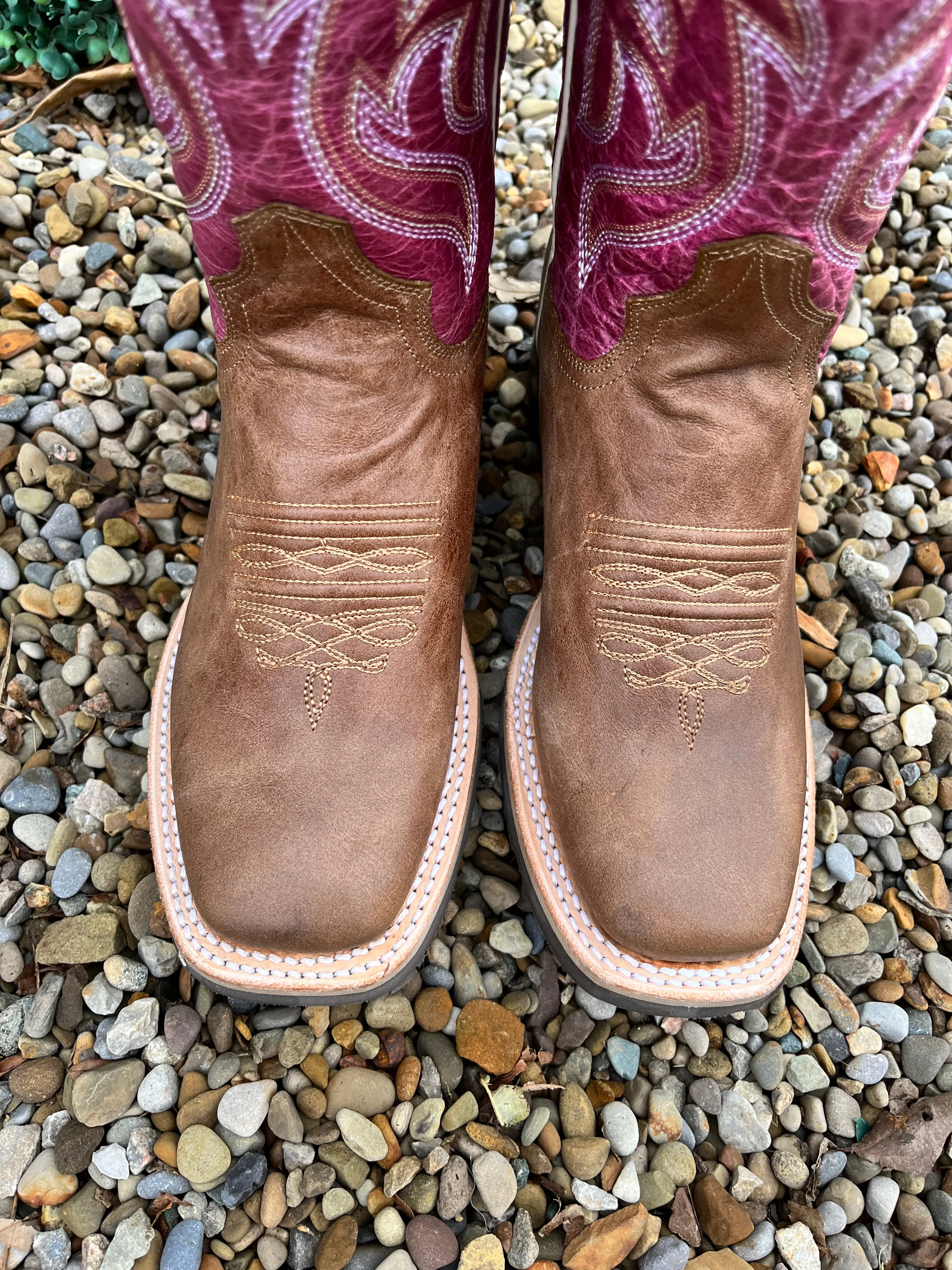 Roper Women's Tan & Magenta Square Toe Cowgirl Boots 9991-0132