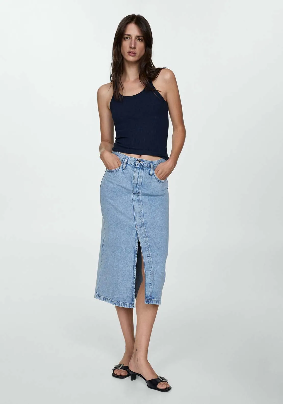 Slit denim skirt