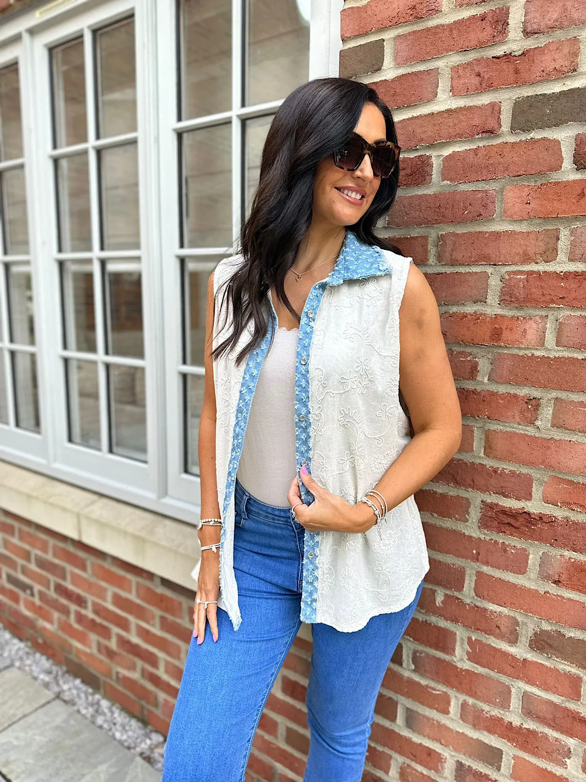 Stone Distressed Denim Floral Sleeveless Blouse Tia