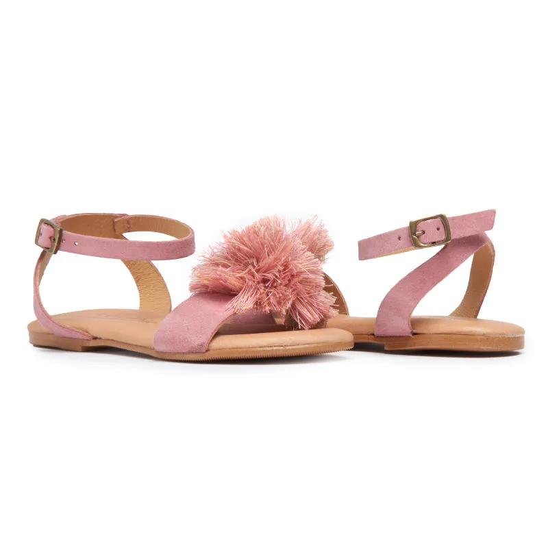 Suede Pom-Pom Fringe Sandals in Rosewood